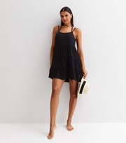 New Look Black Crinkle Strappy Tiered Mini Swing Beach Dress